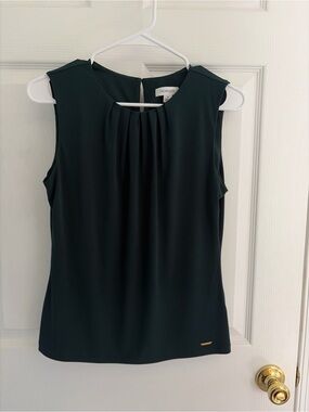 Calvin Klein Sleeveless Pleated Dark Forest Green Blouse